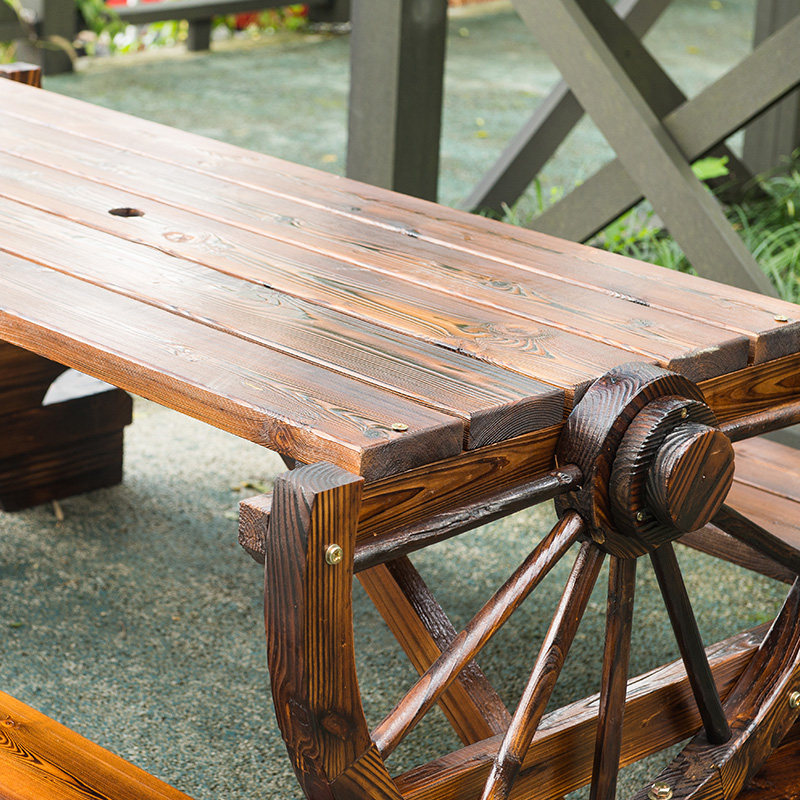 防腐木户外阳台桌椅实木椅子户外休闲烧烤野餐连体车轮桌椅组合