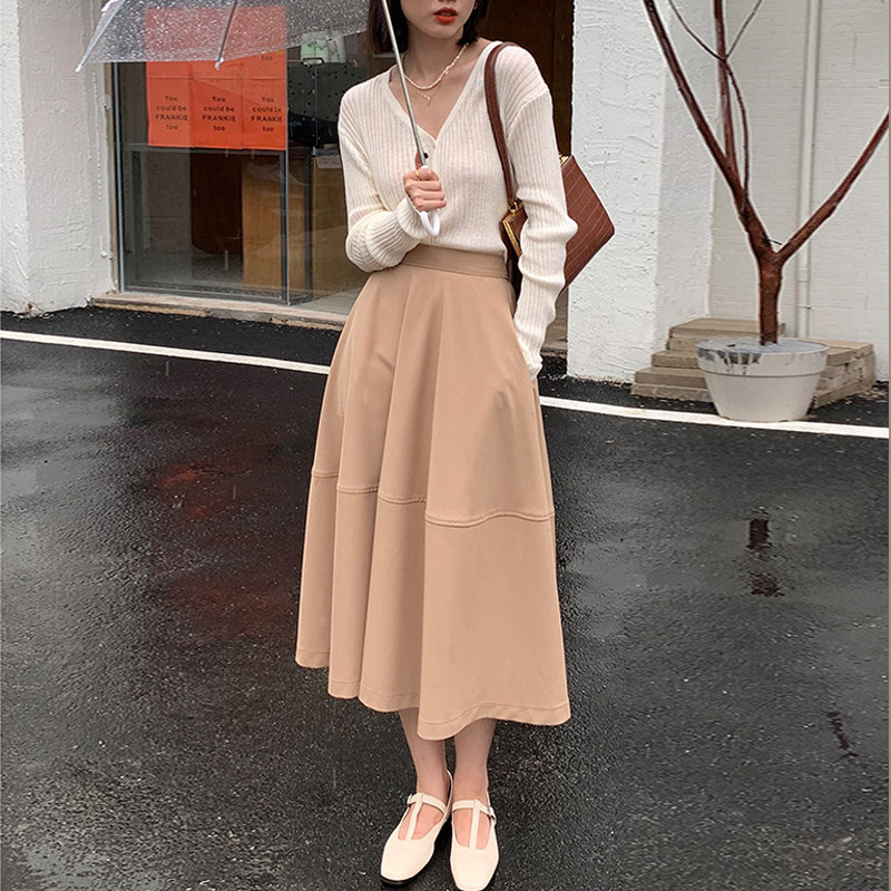 半身裙女秋冬高腰遮胯复古显瘦中长款赫本风a字大摆裙蓬蓬伞裙潮