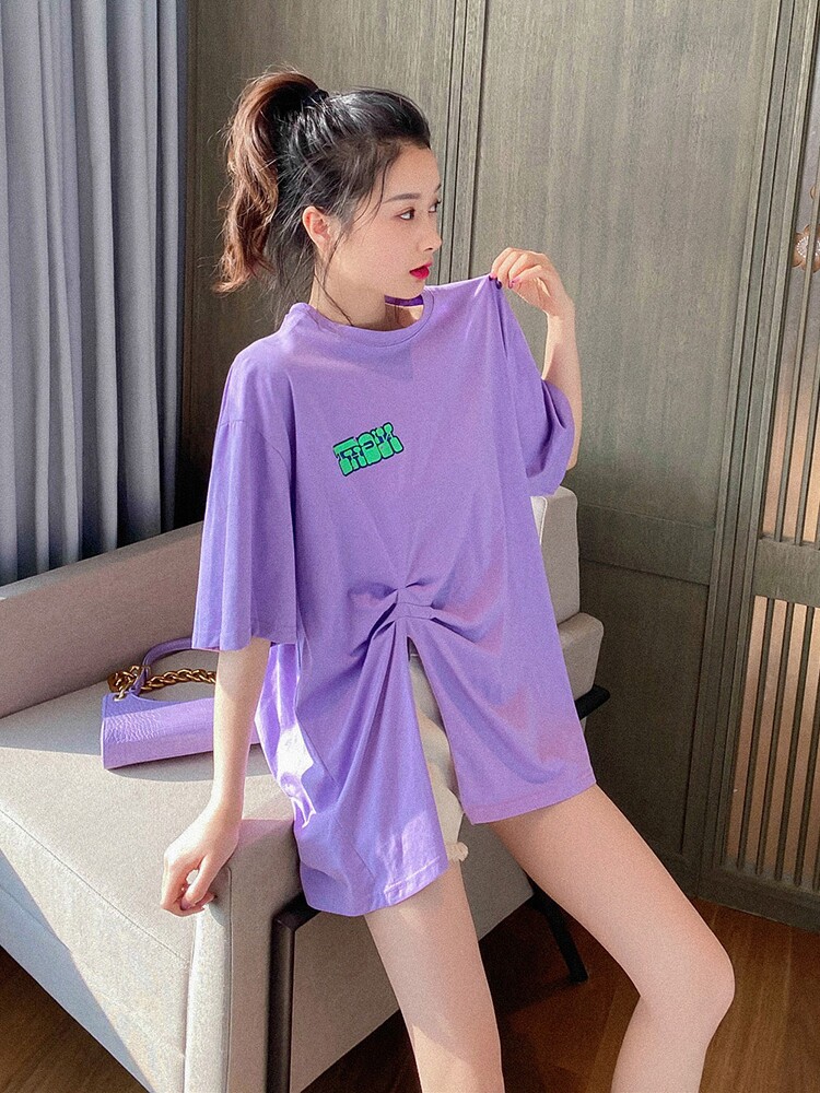 短袖t恤女2021年新款夏季潮网红宽松ins超火不规则设计感紫色上衣