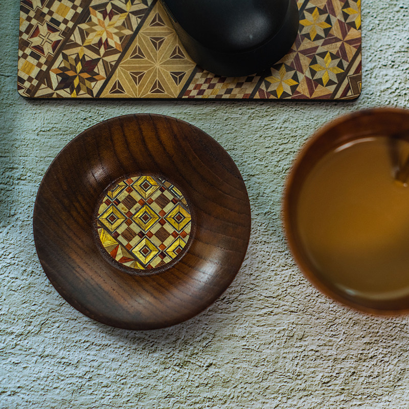 日本箱根寄木细工茶托餐垫木质手工复古实木茶托