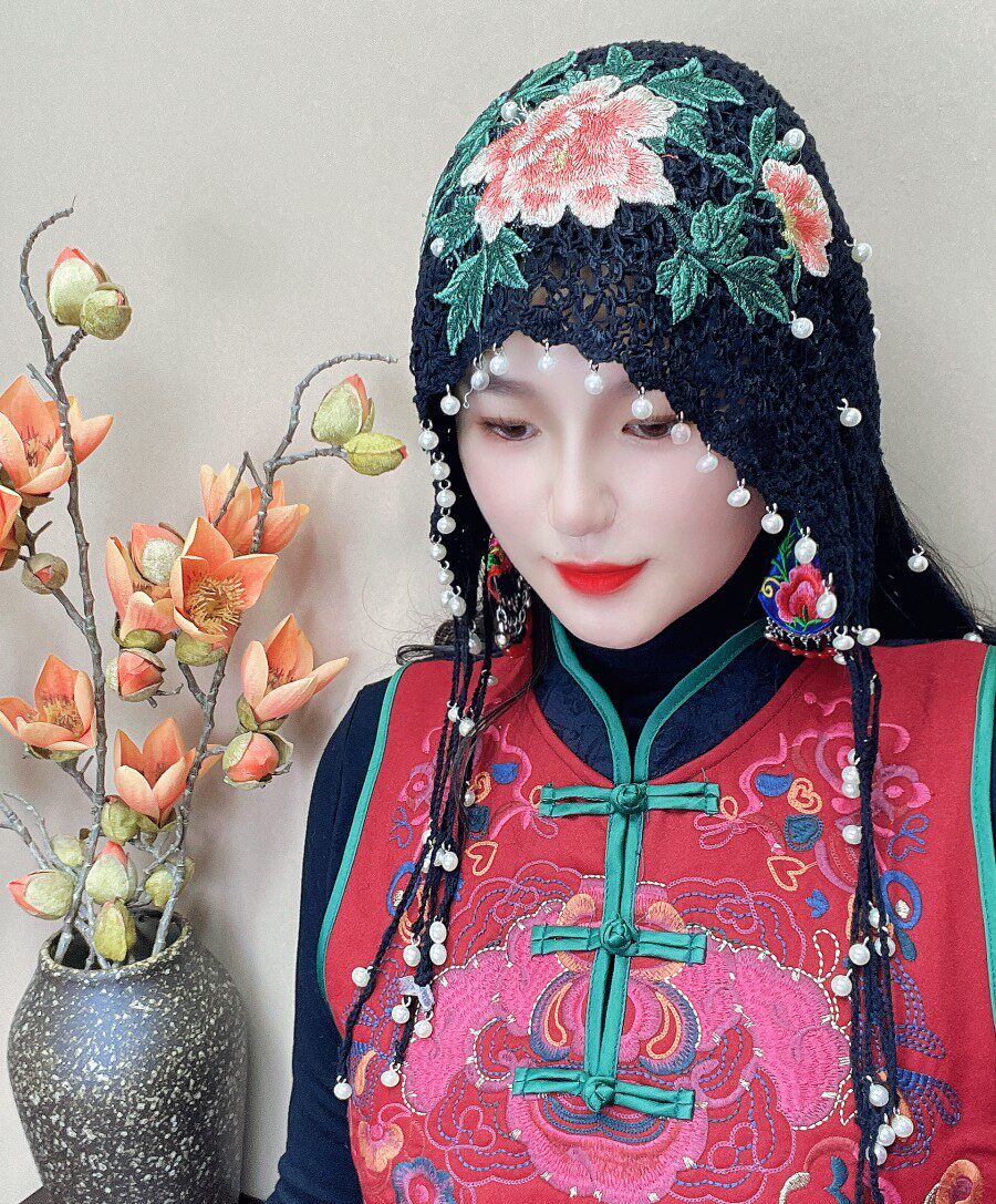 珍珠流苏杨丽萍同款毛线头饰民族民族风风帽子女帽子