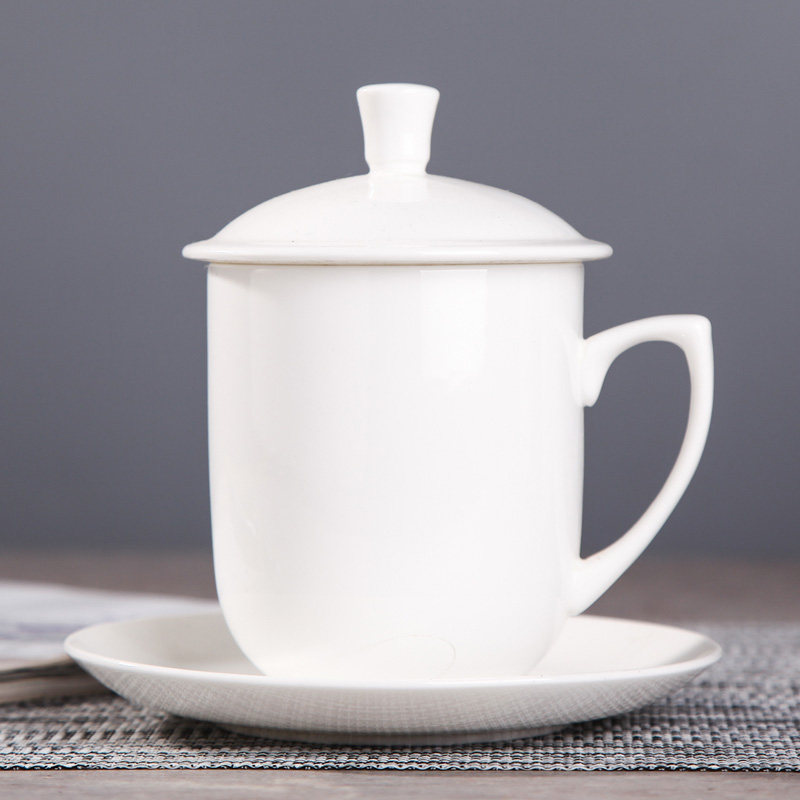 景德镇杯子陶瓷纯白色水杯办公室会议杯骨瓷茶杯带盖礼品定制logo