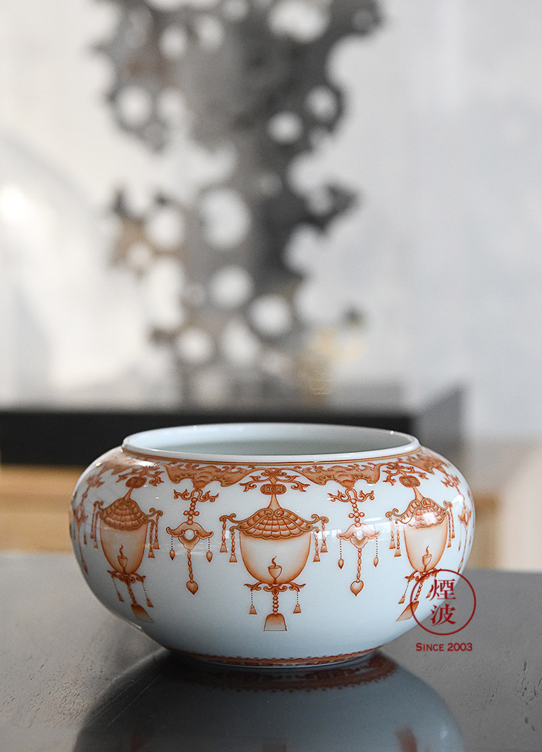 烟波 景德镇 小孤堂 霜尘 手绘粉彩瓷器 矾红图 水盂 茶具
