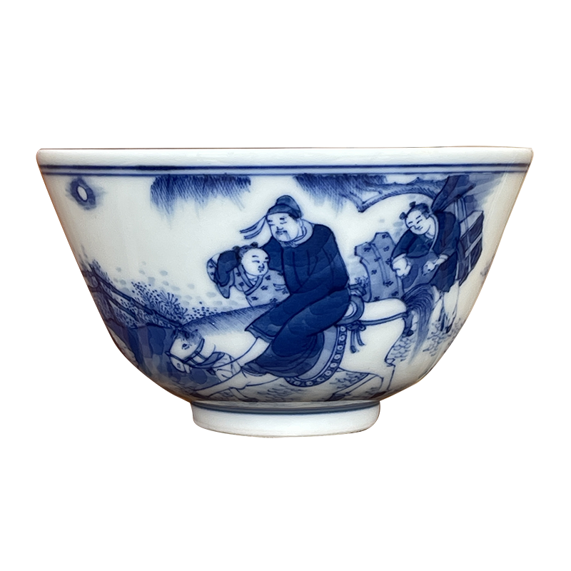 小雅烟波景德镇阮定荣造青花贺知章骑马品茗茶杯茶杯