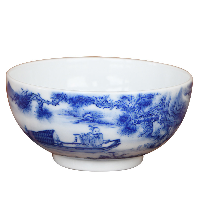 景德镇春风祥玉邹俊窑八字青花山水泛舟吹笛扁碗茶杯