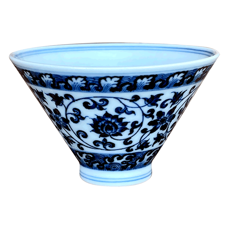 景德镇春风祥玉邹俊窑青花缠枝莲海水纹内画斗笠茶杯