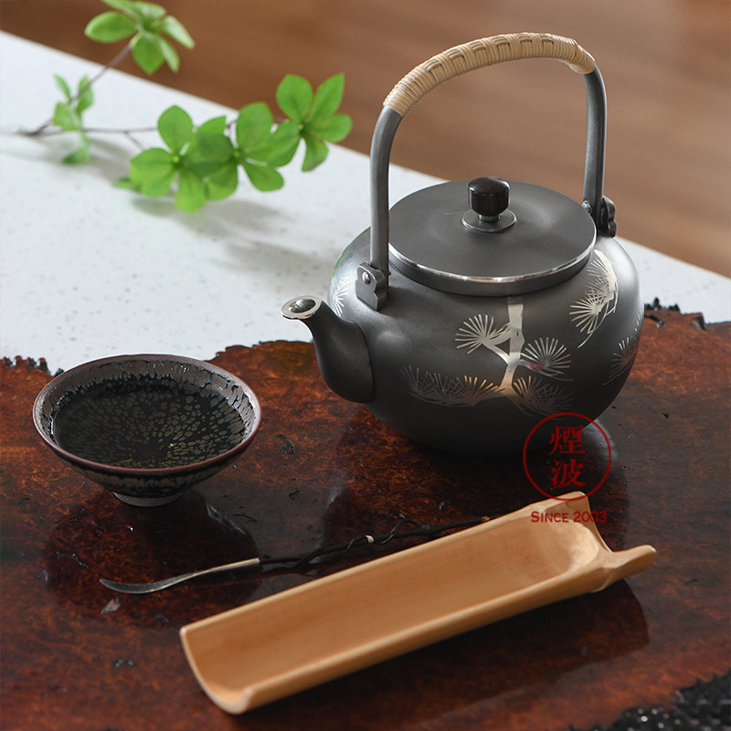 茶壶日本大阪浪华锡器松竹梅纹提梁锡壶泡茶茶壶
