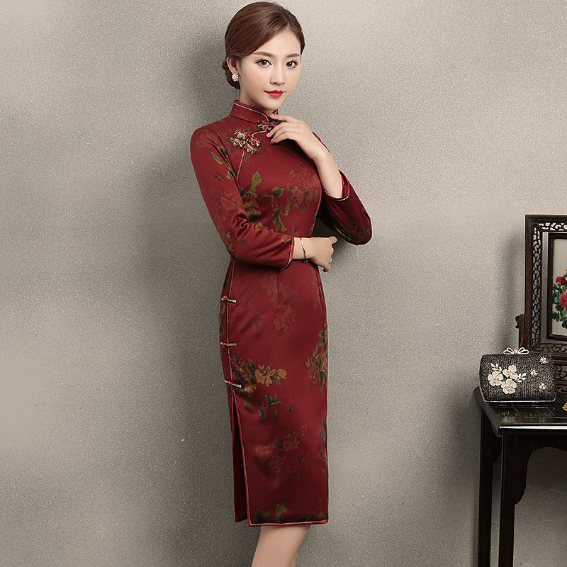 秀观唐鸿月2022冬装长袖真丝夹棉保暖桑蚕蚕丝旗袍