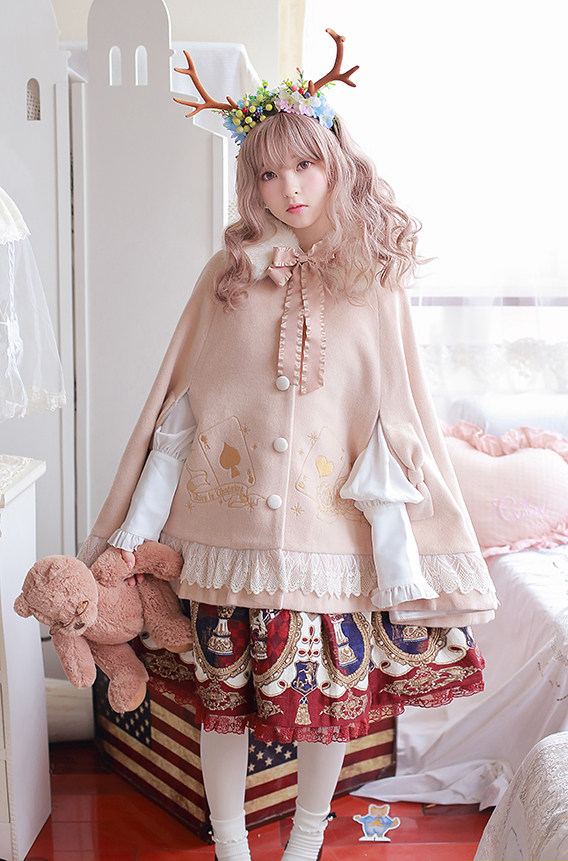 现货麋鹿森林原创lolita扑克牌刺绣冬季羊毛长斗毛呢外套