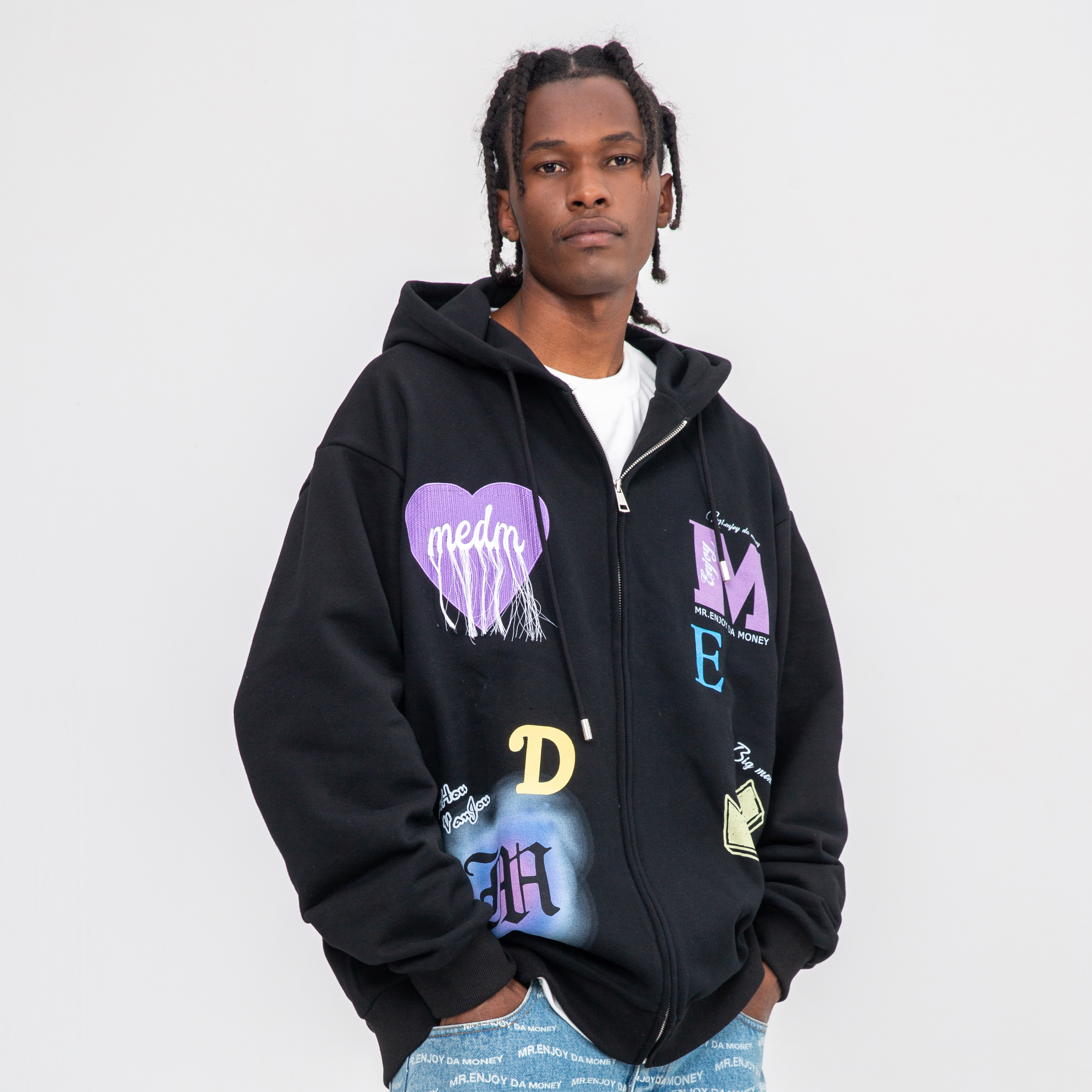 MEDM连帽卫衣男潮春秋款宽松印花街头情侣装加厚潮流宽松开衫外套