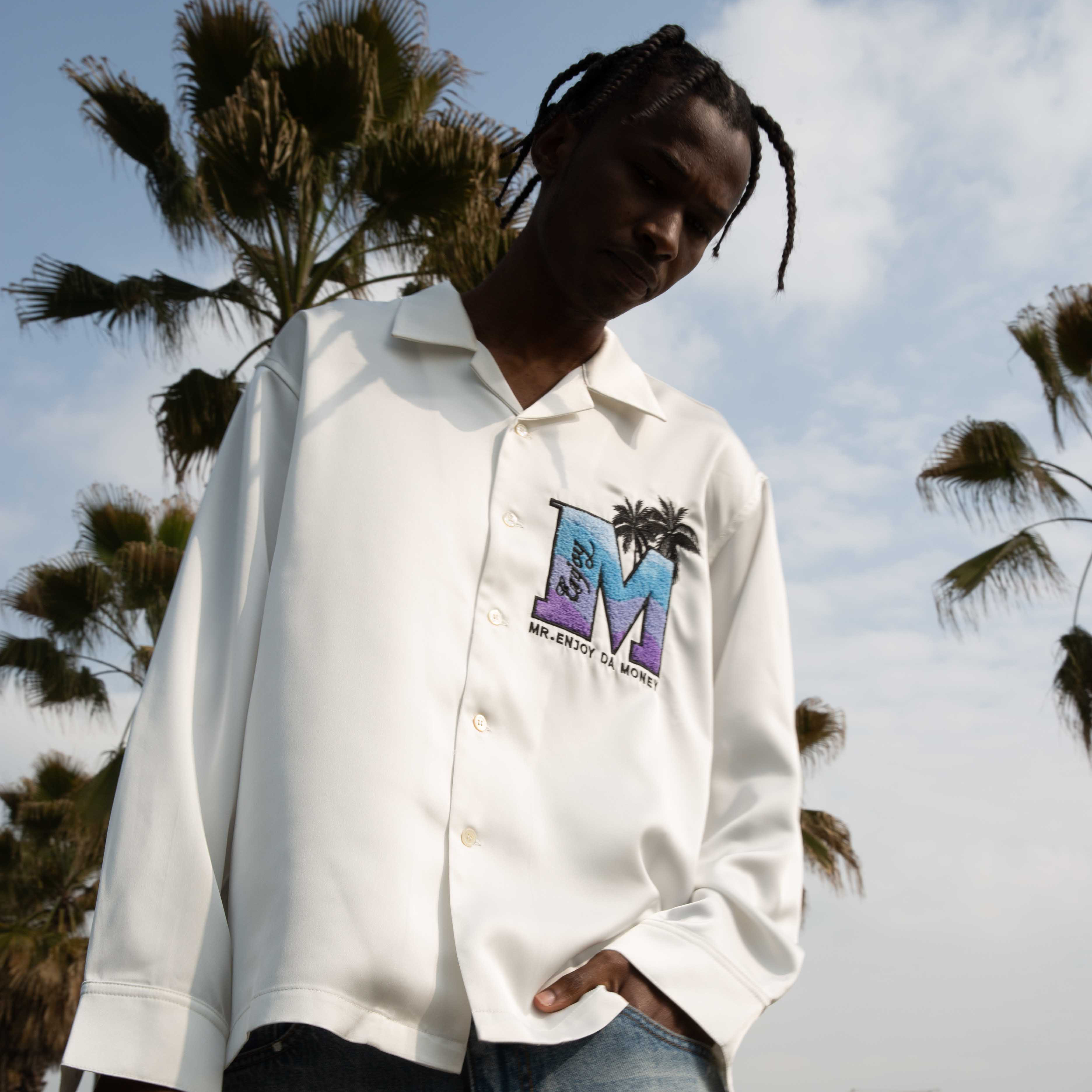 MEDM椰树刺绣春夏长袖衬衫男女古巴领宽松百搭情侣嘻哈潮流衬衣
