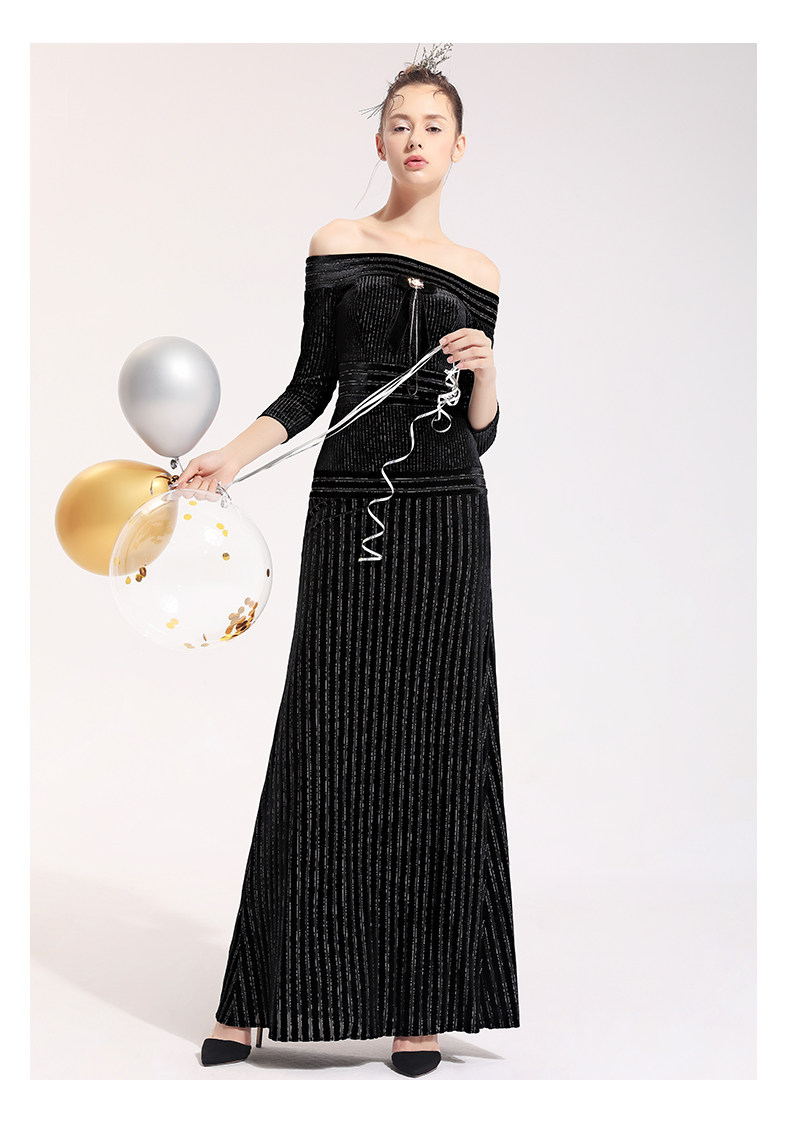 礼服思朵宴会一字肩长款晚礼服高端大气优雅黑色礼服