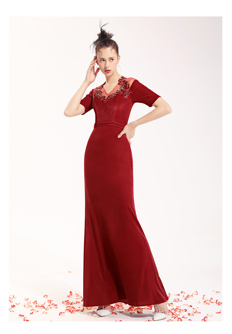 思朵冬季宴会礼服敬酒新娘大气红色丝绒晚礼服礼服