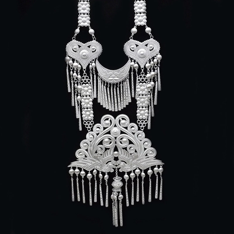 民族风彝族双凤凰胸牌心形流苏项链女孔雀电镀银色摄影演出配饰品