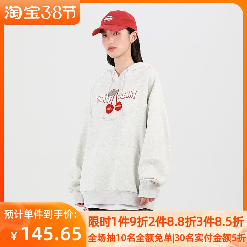 NS76 秋冬季青少年樱桃毛巾绣学院风潮牌卫衣oversize加绒连帽衫