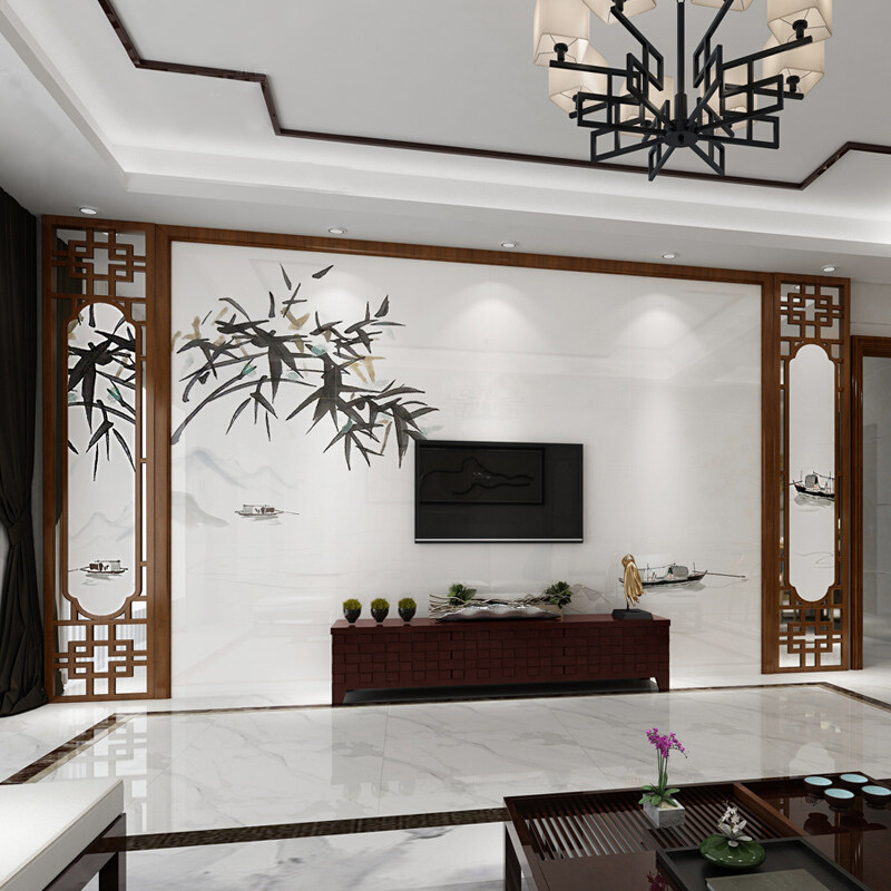 中式东阳木雕瓷砖背景墙实木花格客厅电视墙水墨瓷砖背景墙