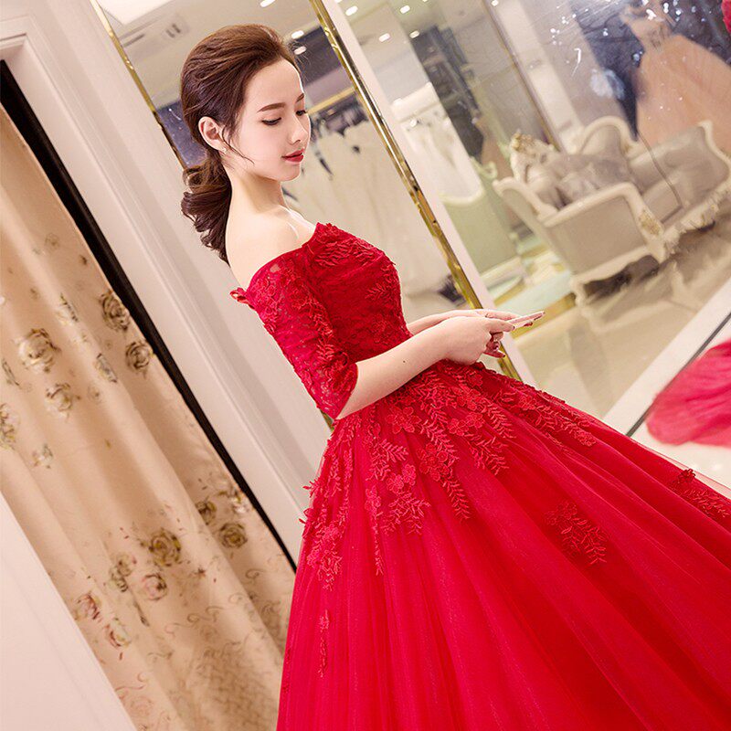 2021新款红色一字肩中袖拖尾结婚新娘婚纱礼服公主婚纱