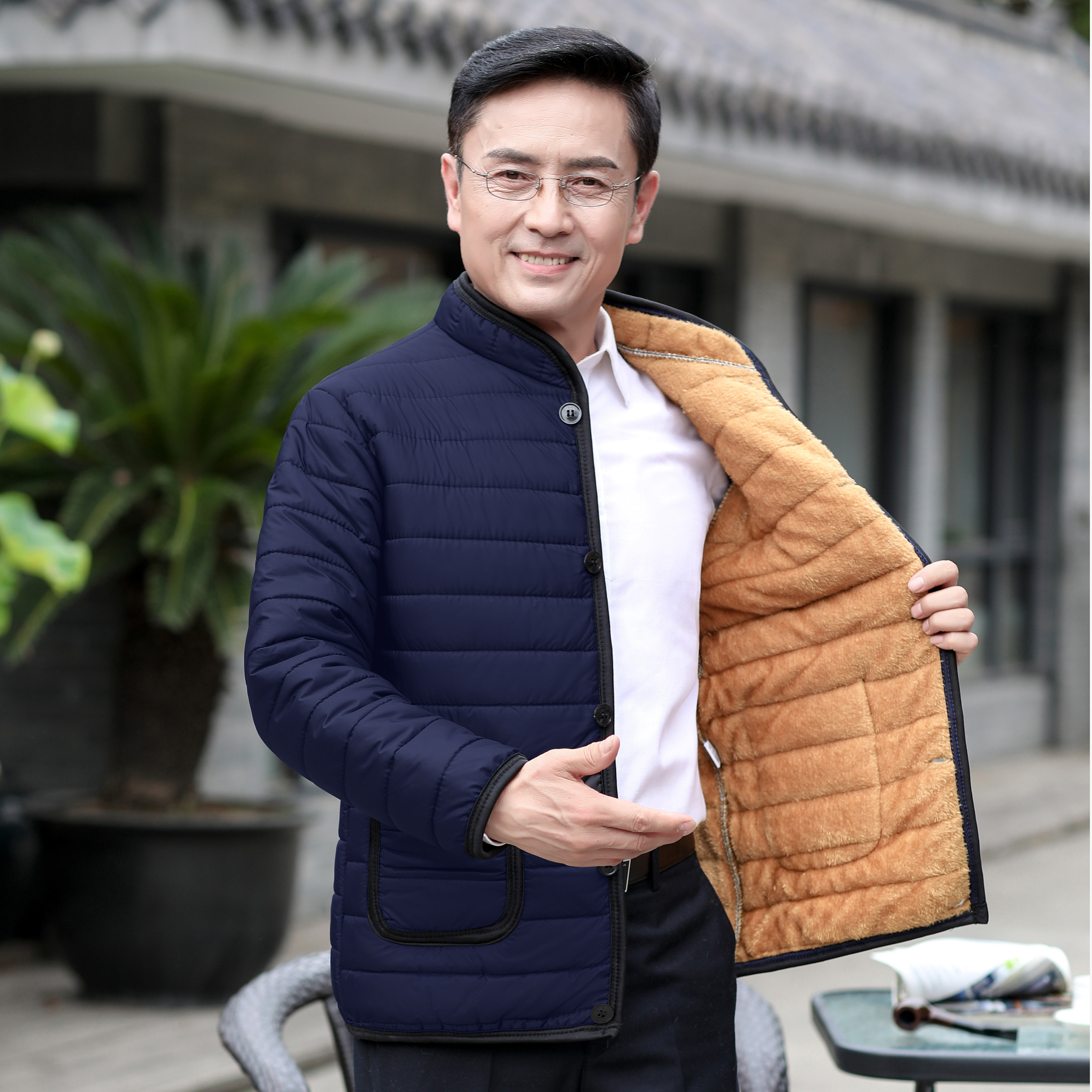 冬季新款中年男士加绒加厚棉衣棉服爸爸保暖棉衣