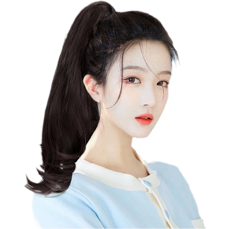 真发微卷马尾假发抓夹真人发丝中长捆绑自然马尾