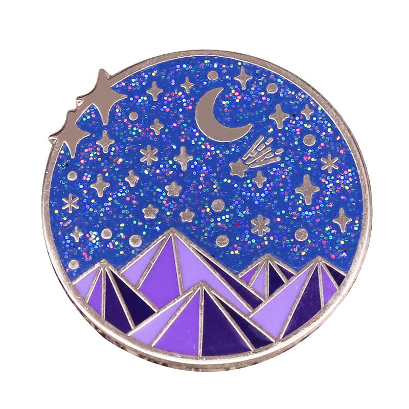 漂亮亮的星夜胸针闪光徽章星星月亮山风景自然胸针