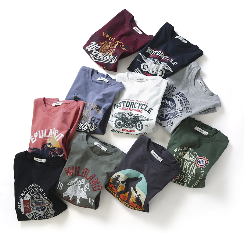 出口美国单长袖磨毛T恤男士复古美式休闲水洗剪标牛货余单真品潮