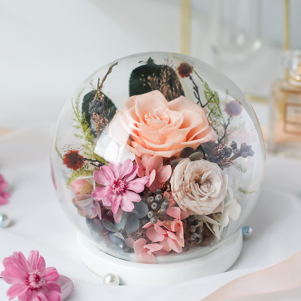 蔷薇永生花diy玻璃罩新年礼盒情人节干花三八妇女节礼物永生花