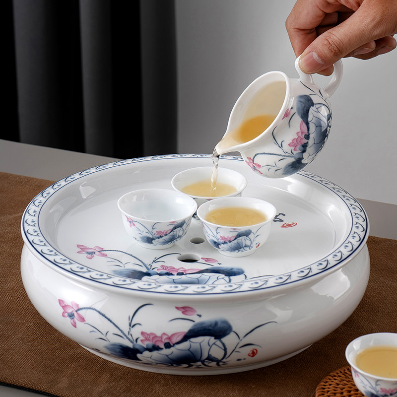10英寸青花陶瓷圆形茶盘茶台中式茶海潮州单独茶盘
