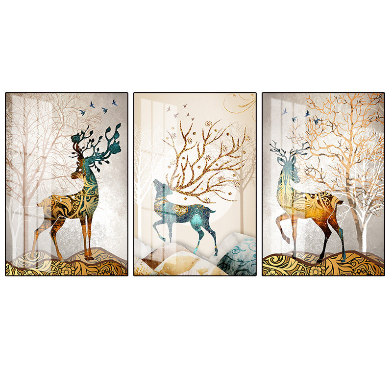 装饰画沙发背景墙现代简约三联画鹿轻奢挂画墙壁壁画现代装饰画
