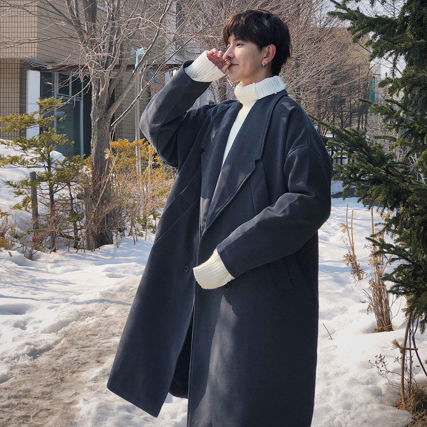 日系情侣毛呢大衣男冬季加厚中长款ins风衣男生呢子外套韩版潮流