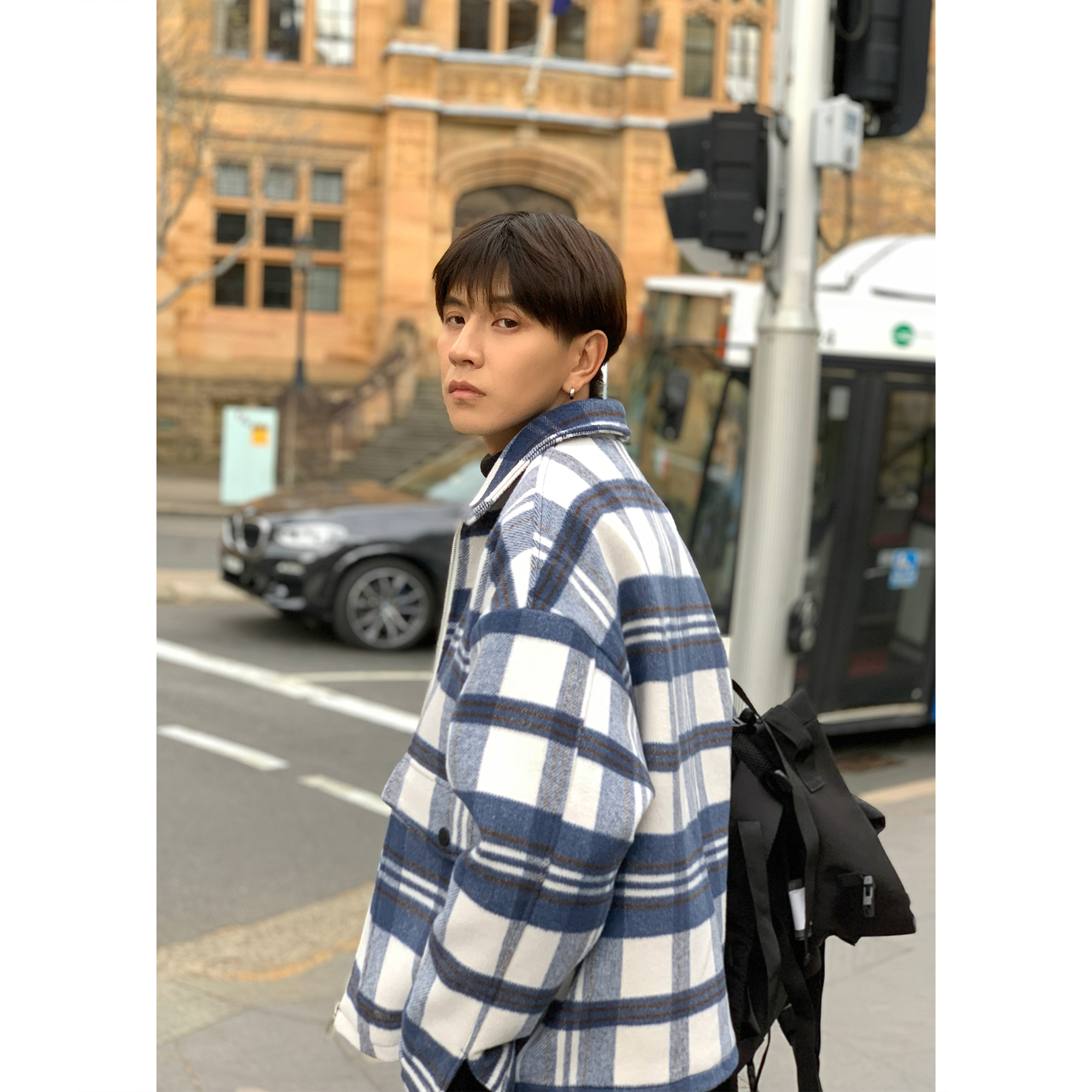 BANGBOY 毛呢夹克男加厚秋冬2021新款韩版潮流宽松短款格子外套