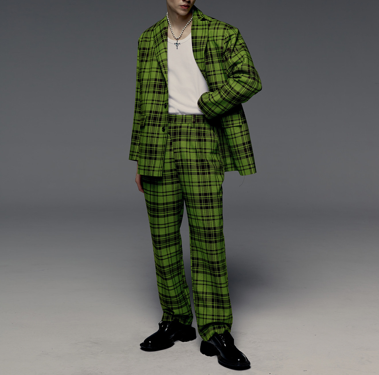 yoikadakada2020aw复古绿色格子宽松廓型街头西服西服