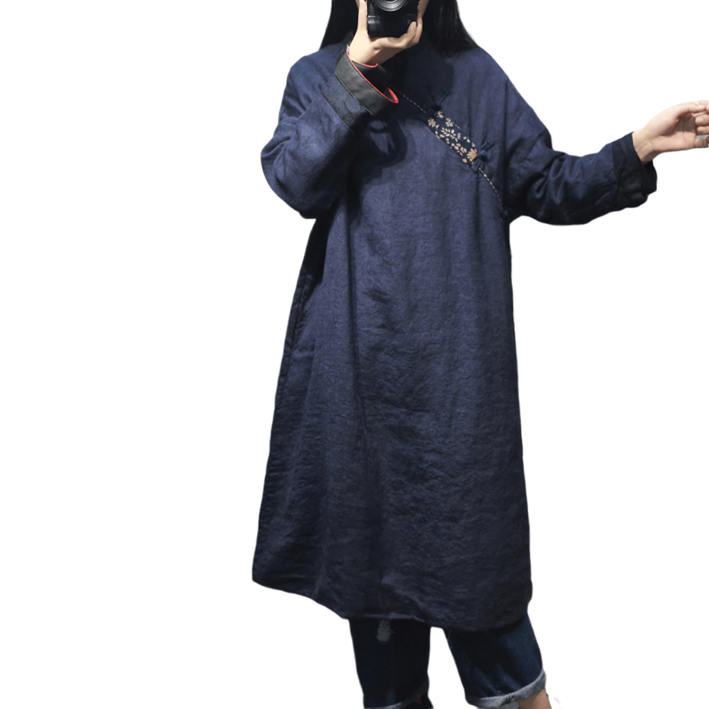 中式立领双层亚麻袍子22春复古国风斜襟盘扣连衣裙民族风贴布麻袍
