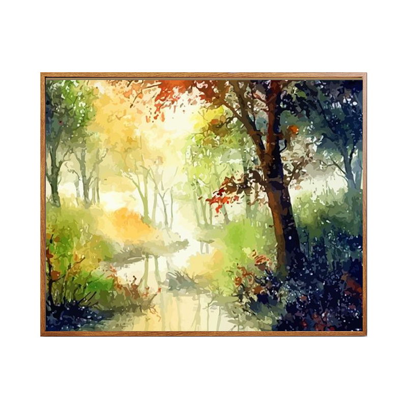 数字油画diy油彩画绿色森林清晨阳光晨雾秋天diy手绘