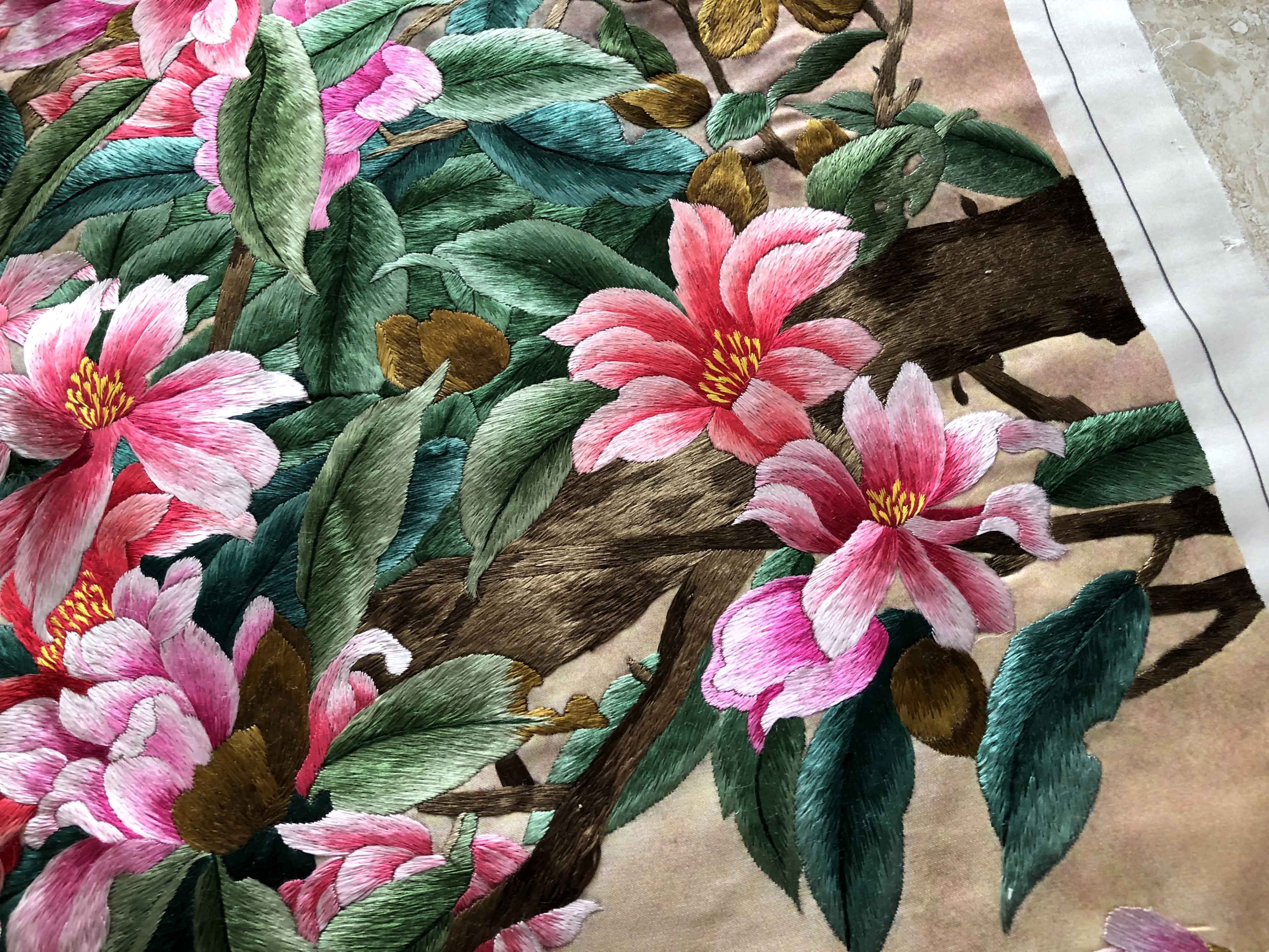 手工苏绣单面丝绣海棠海棠花花卉混纺底料软裱苏绣