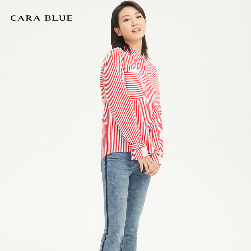 喀啦carablue通勤红白条纹女衬衫kb181mwb0012衬衫