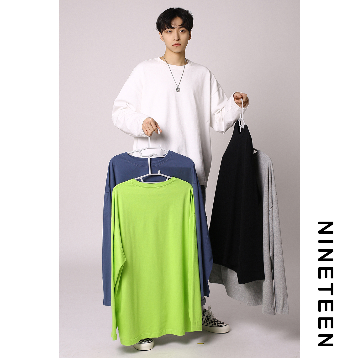 十九秋/ 纯色长袖T恤百搭男女纯色打底衫宽松版型学生圆领体恤ins