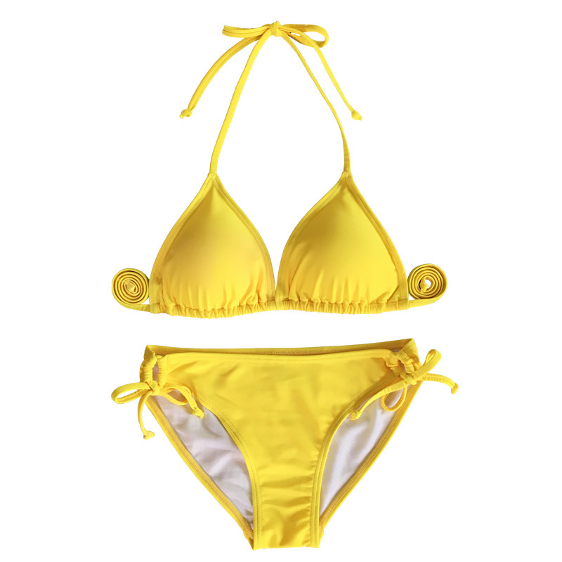 欧美风系带式三角性感大小胸比基尼泳衣女荧光黄色bikini游泳衣