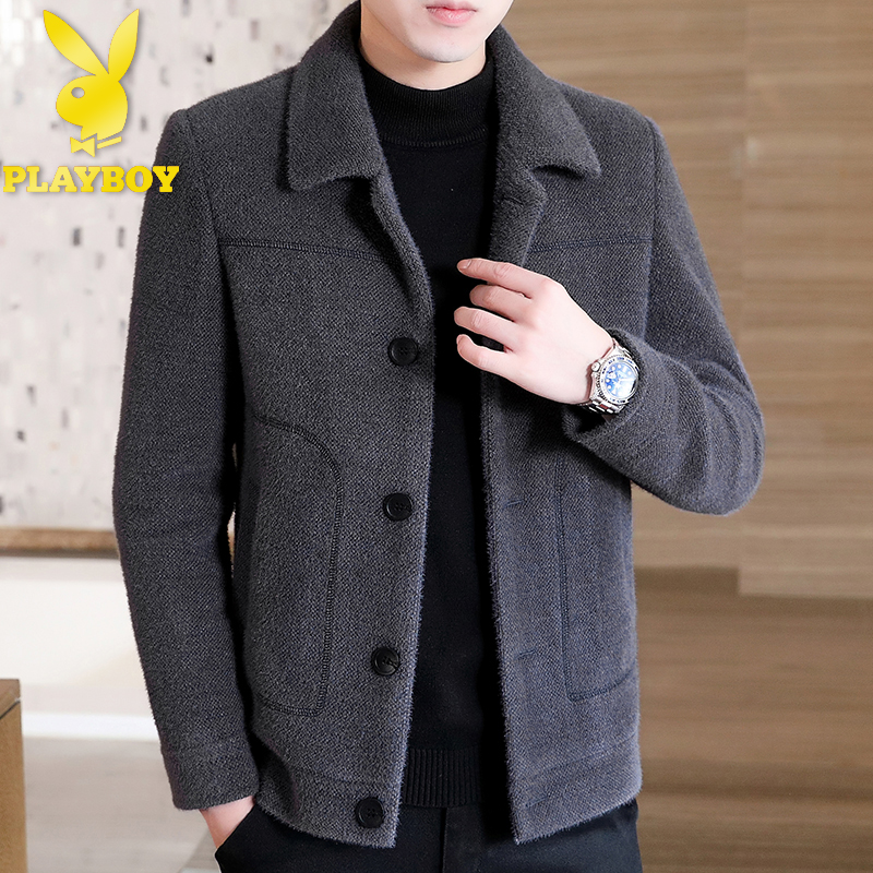 花花公子男士毛呢大衣短款加厚立领休闲中年呢子外套爸爸保暖冬装