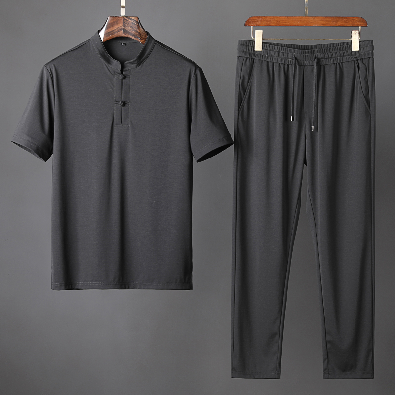 冰爽高端天丝 夏季中国风盘扣立领爸爸宽松休闲运动套装男两件套