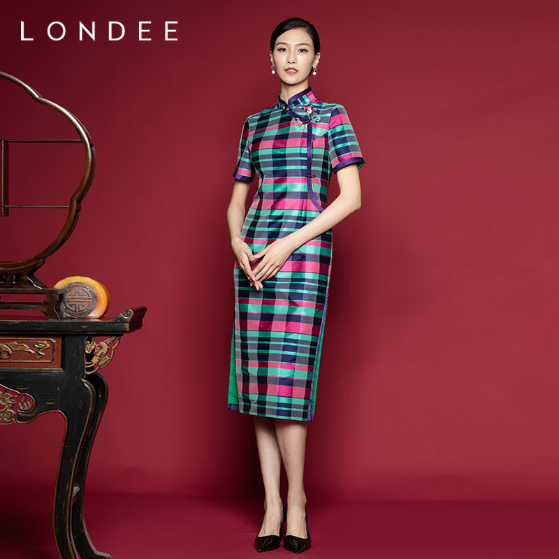 londee龙笛条纹修身刺绣旗袍8s21173旗袍