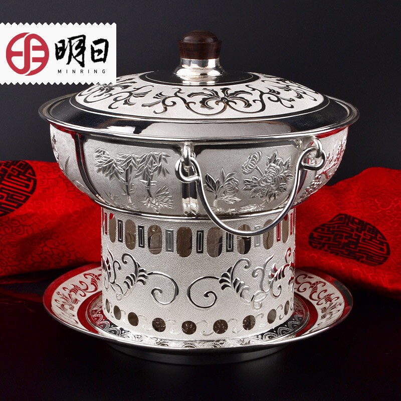 纯银火锅明日足银手工酒精实用收藏送礼摆件