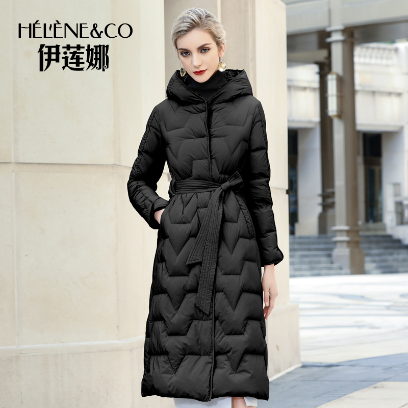 伊莲娜冬季新款收腰连帽中长款羽绒服女士时尚白鸭绒保暖过膝外套