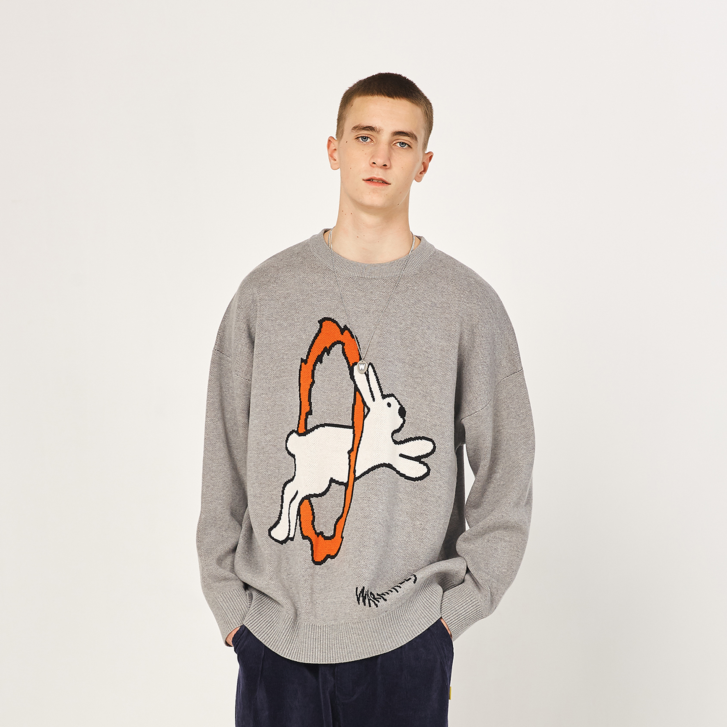 WARMTREES 兔子跳火圈 套头花灰针织圆领毛衣