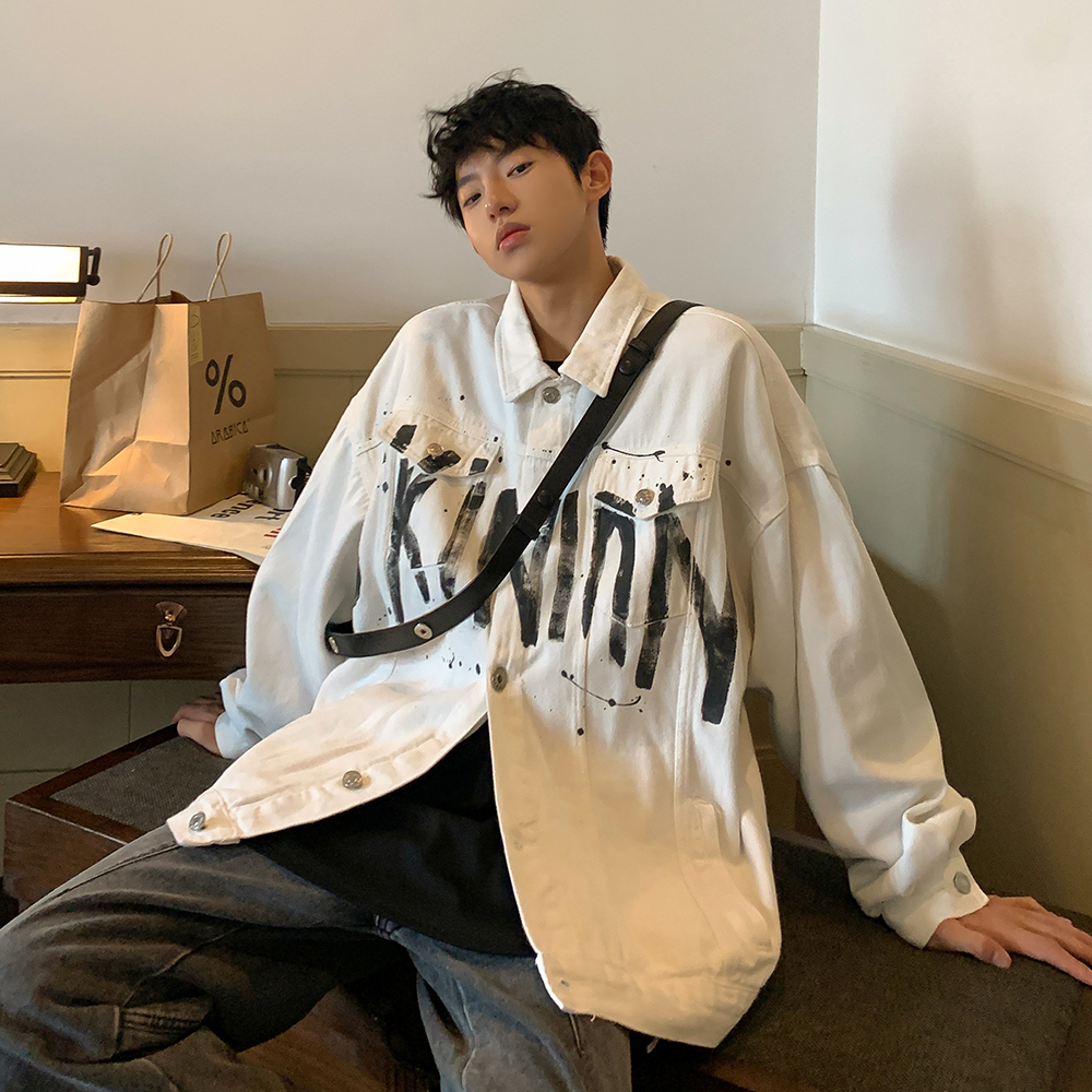 @方少男装 秋季美式涂鸦字母印花帅气高街牛仔夹克男青年宽松外套