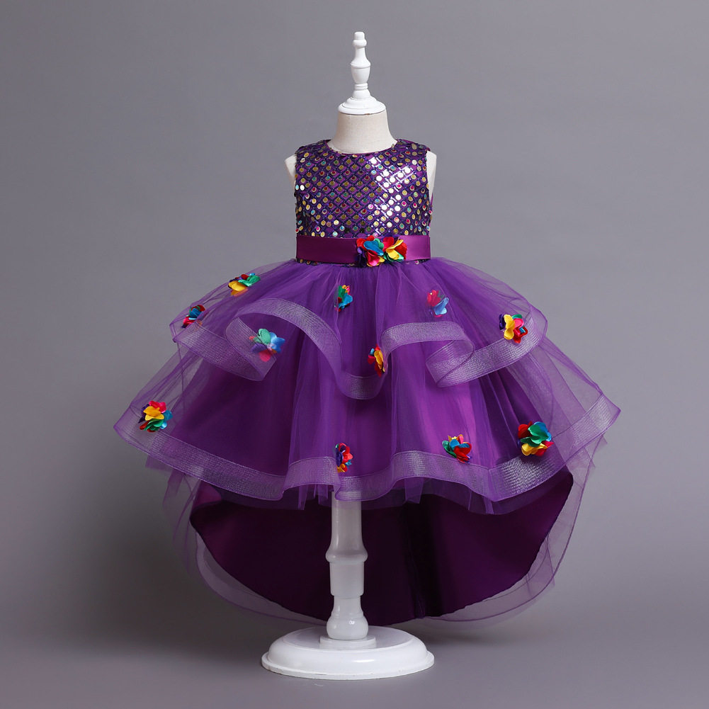 公主女礼服裙六一演出服连衣裙儿童孔雀彩色婚纱童亮片拖尾亚马逊