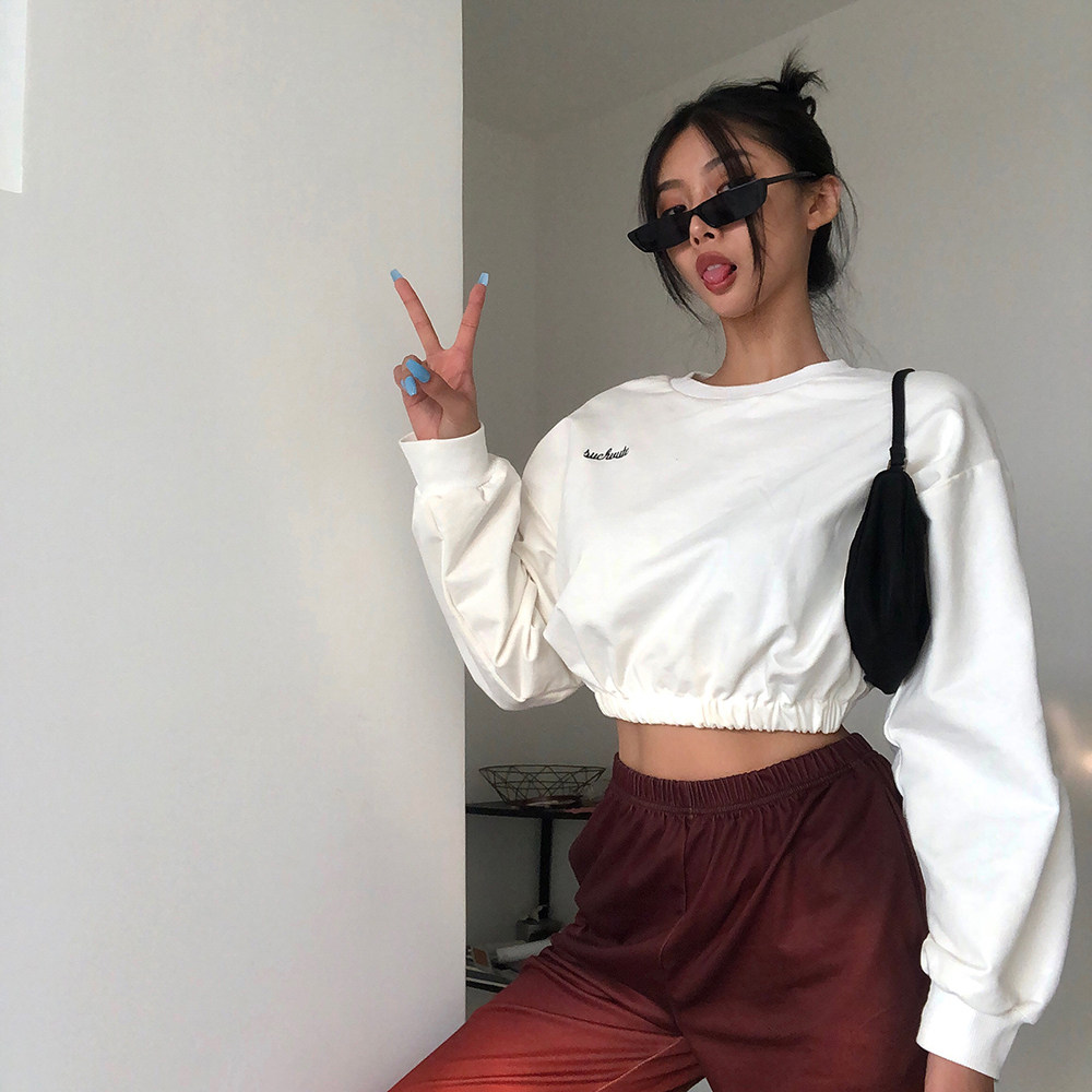 bean欧美辣妹早春基础刺绣宽松卫衣短款露脐卫衣