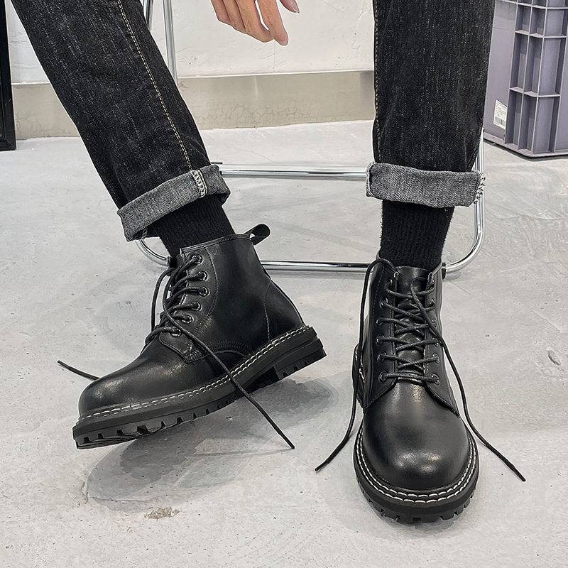 真皮马丁靴男ins英伦风秋季机车帅气潮流工装鞋透气黑色中帮皮鞋