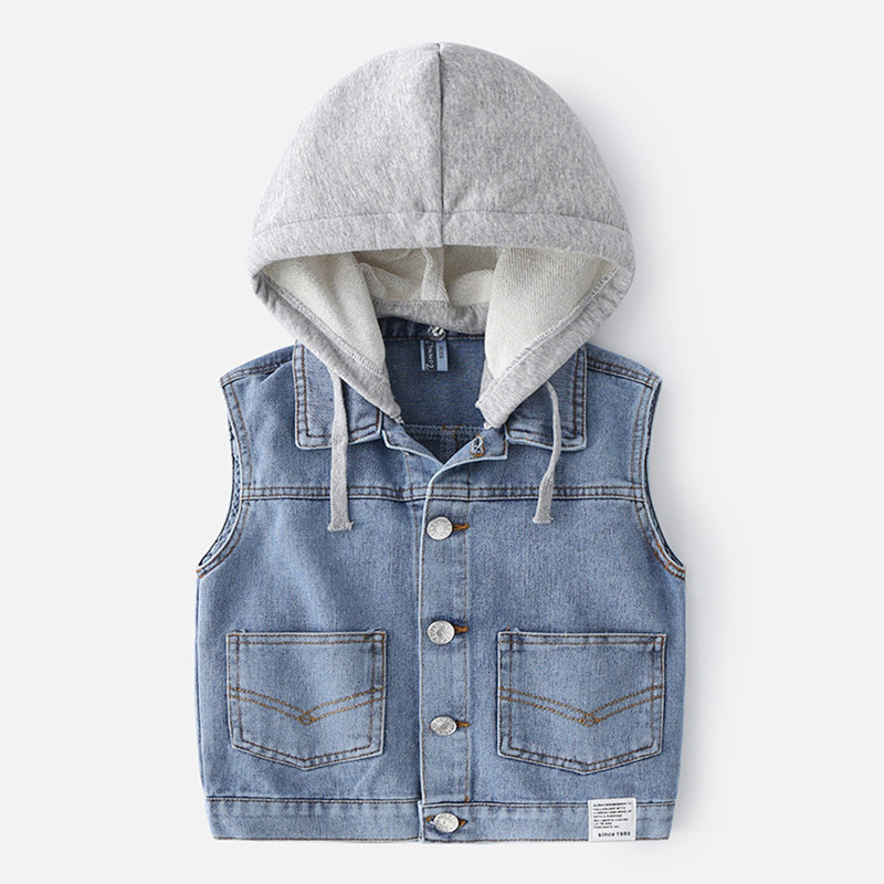 儿童牛仔马甲纯棉连帽宝宝单排背心春秋新款马甲