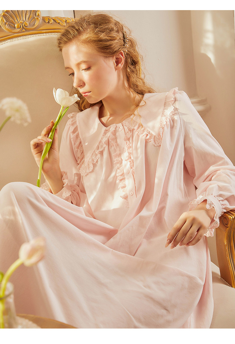 宫廷睡衣蕾丝可爱翻领公主睡裙长款长袖家居服睡裙