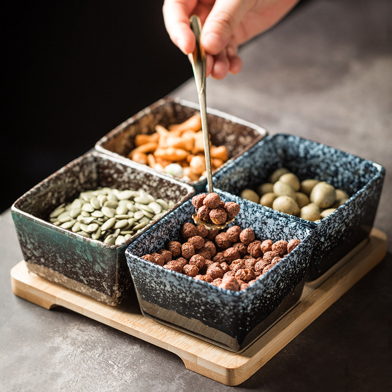 新款陶瓷盘小吃零食碟盘干果坚果盘客厅糖果碟水果竹木托盘拼盘子